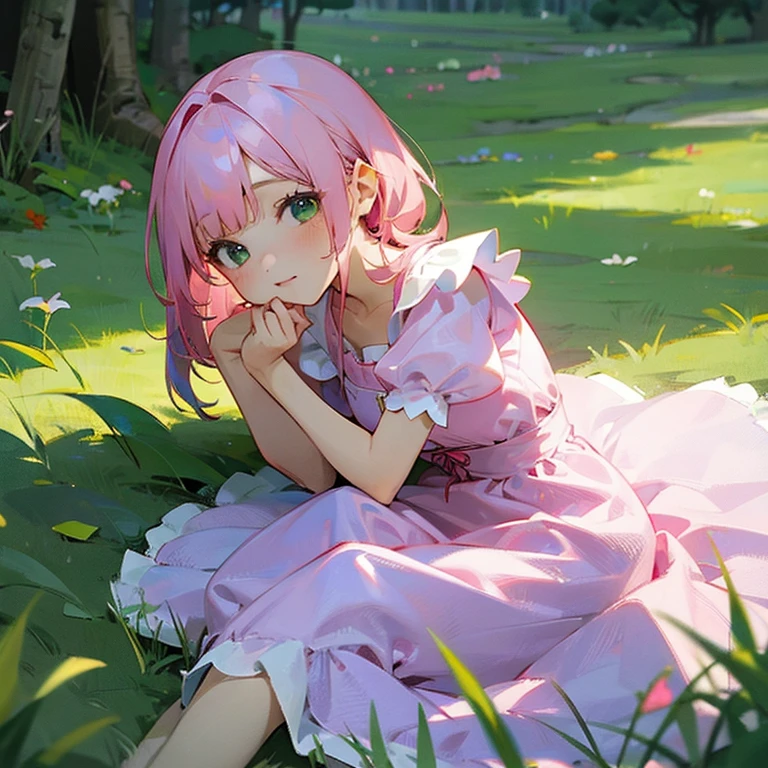 Girl with pink haired and cute dress laying on green grass
