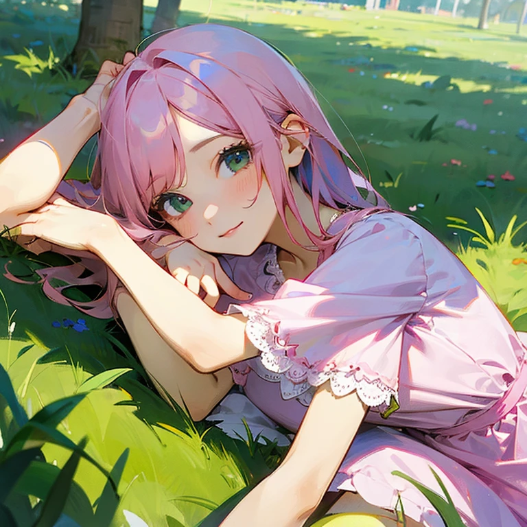 Girl with pink haired and cute dress laying on green grass