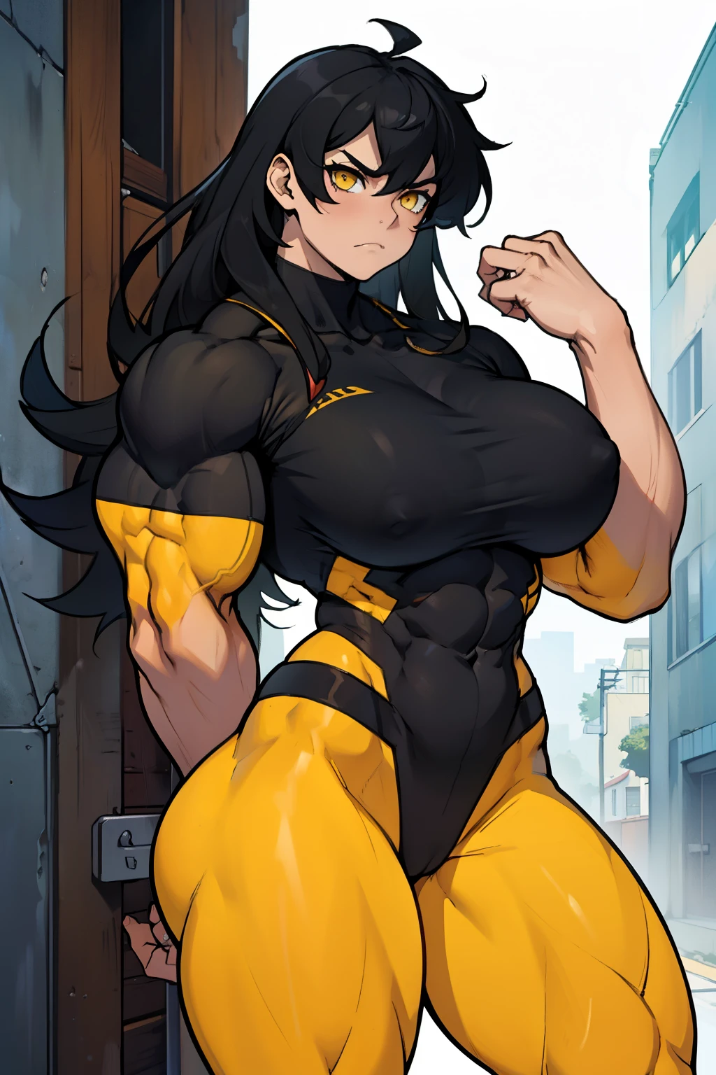 huge muscles huge breasts huge thighs pale skin black hair yellow eyes very long hair muscular girl sad frown expressionless skintight