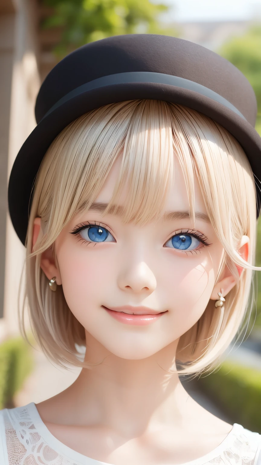detailed face, cute face, master piece , best quality , woman , bowler hat , bangs , smile , outdoor, Shiny platinum blonde silky hair, side locks, beautiful shiny bangs, big clear sky blue eyes, very beautiful light eye highlights, earrings