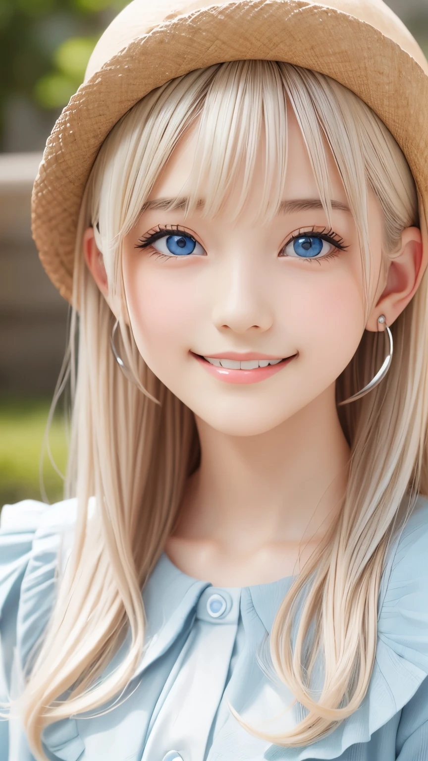 detailed face, cute face, master piece , best quality , woman , bowler hat , bangs , smile , outdoor, Shiny platinum blonde silky hair, side locks, beautiful shiny bangs, big clear sky blue eyes, very beautiful light eye highlights, earrings