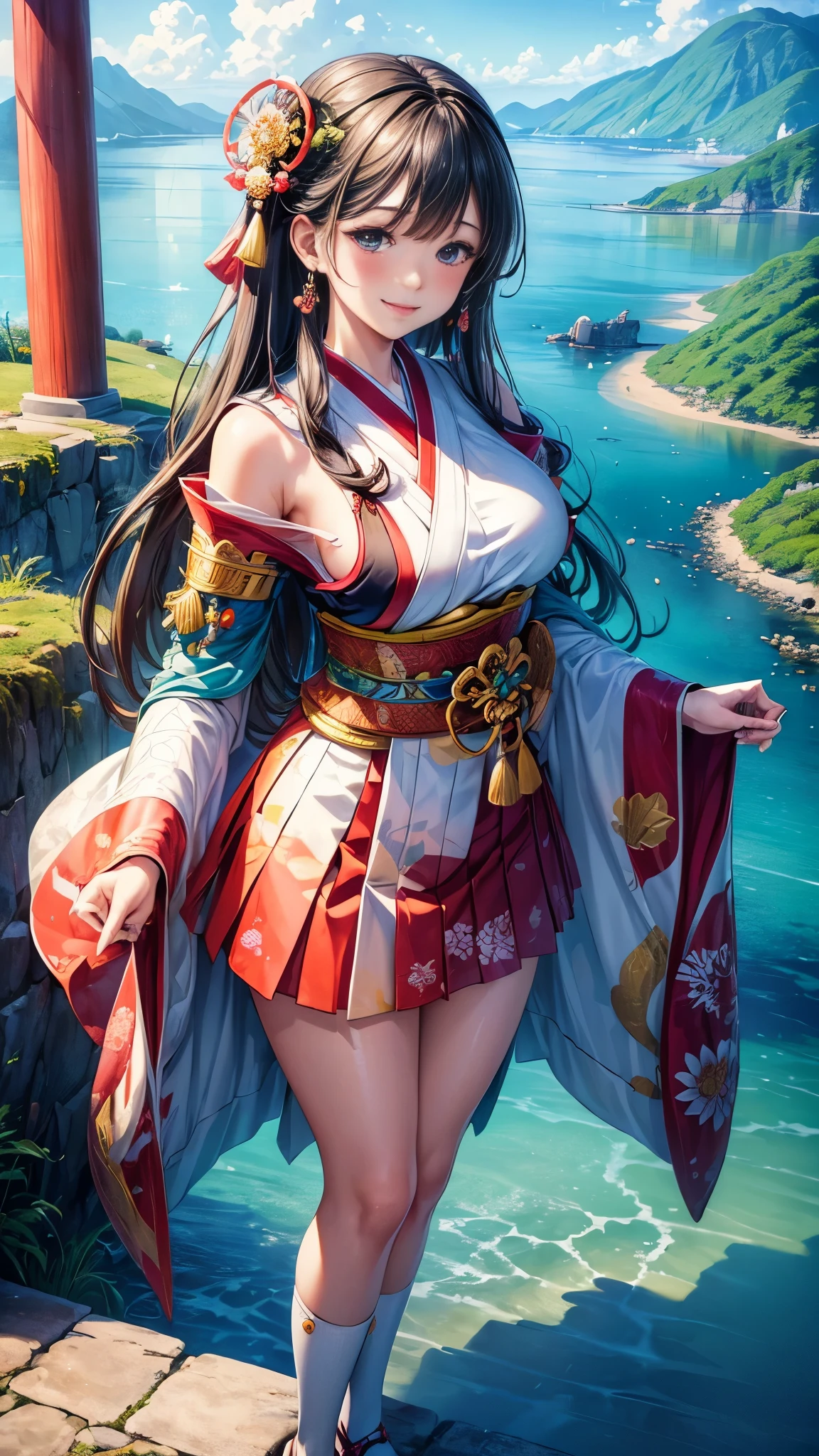 (Masterpiece: 1.5)
A captivating illustration of a girl, adorned in traditional Japanese attire, standing on the sacred island of Okinoshima. (Best Quality: 1.5)
With ultra-detailed precision, the artwork showcases the intricate patterns of her blouse and layered skirt, expertly rendered with crosshatching. (Ultra-Detailed: 1.3)
The illustration, reminiscent of a photorealistic painting, captures every nuance in her expression, her smile illuminating the serene panorama of the island. (Illustration: 1.2)
The