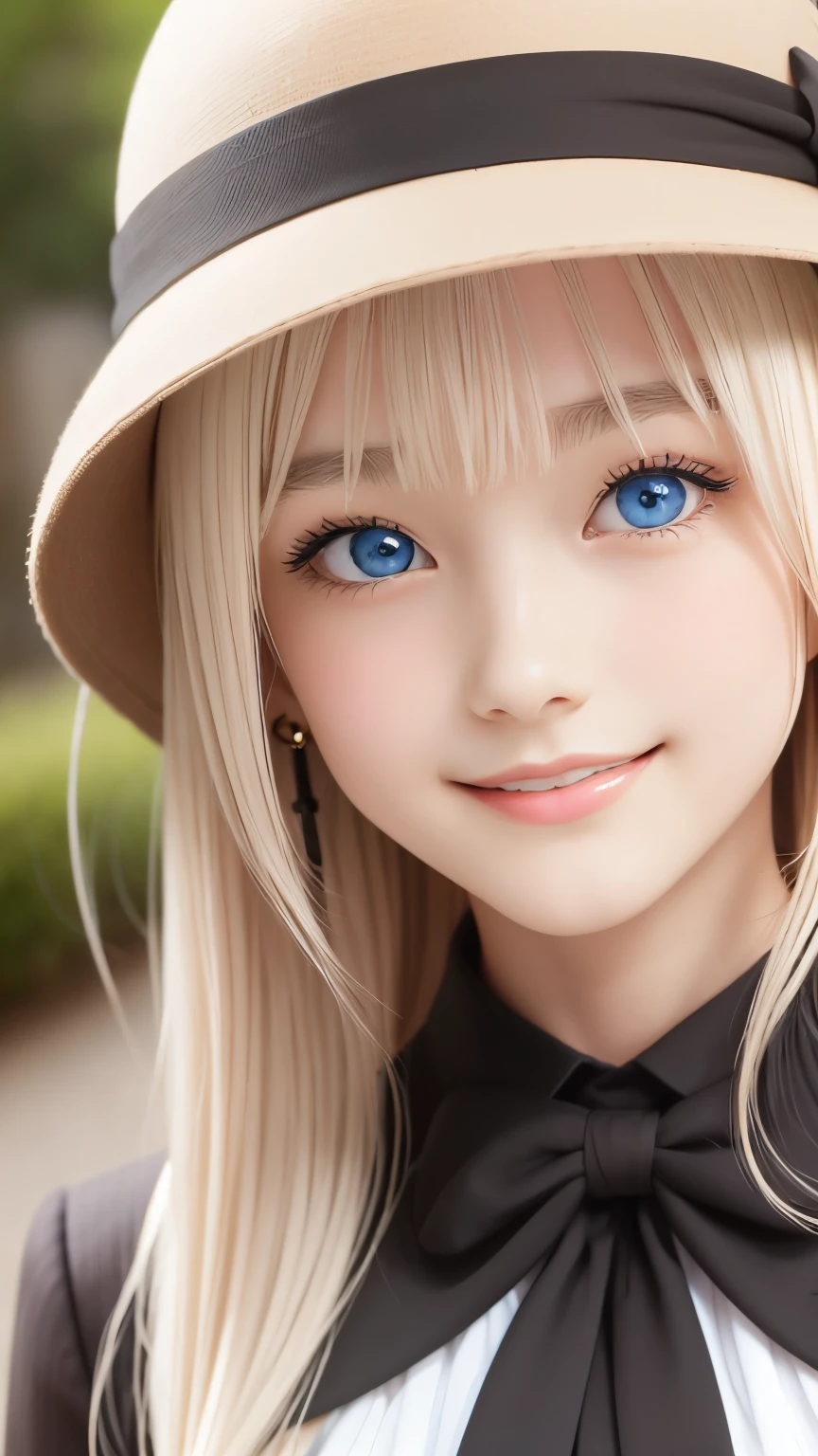 detailed face, cute face, master piece , best quality , woman , bowler hat , bangs , smile , outdoor, Shiny platinum blonde silky hair, side locks, beautiful shiny bangs, big clear sky blue eyes, very beautiful light eye highlights, earrings