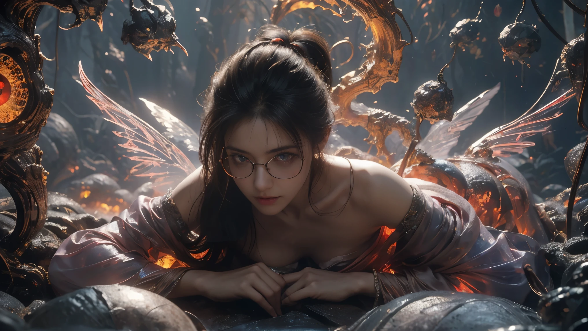 (The best illustrations)、realisitic、ultra-detailliert、The best lighting、Best Shadows、alluring succubus, ethereal beauty, perched on a cloud, (fantasy illustration:1.3), enchanting gaze, captivating pose, delicate wings, otherworldly charm, mystical sky, (Luis Royo:1.2), (Yoshitaka Amano:1.1), Dungeon and Dragon、caves、Dungeon、 A Necromancer、natta、Dark style、Succubus、Devil's Daughter、Bat Wings，(((Demon Hornlack-rimmed round glasses))))、(red eyes glowing:1.6)、​beautiful countenance、Tindall Effect、(High Detail Skins:1.2) absurderes、Ponytail distortion、jewely、Beautiful expression、Toned waist、Wide buttocks、Tindall Effectmasuter piece、top-quality、Highest Standards、Top image quality、masutepiece、intricate detailes、High resolution、Depth Field、natural soft light、profetional lighting、Great smile、(High Detail Skin: 1.2)、photorealistic anime girl render、Strong highlights of the eyes、Perfect Anatomy、crotch open、Shy、Spreading your legs、Panties are visible、Skirt flipping、Body shiny with oilerectile nipple))、8K resolution、intricate clothing、Intricate details