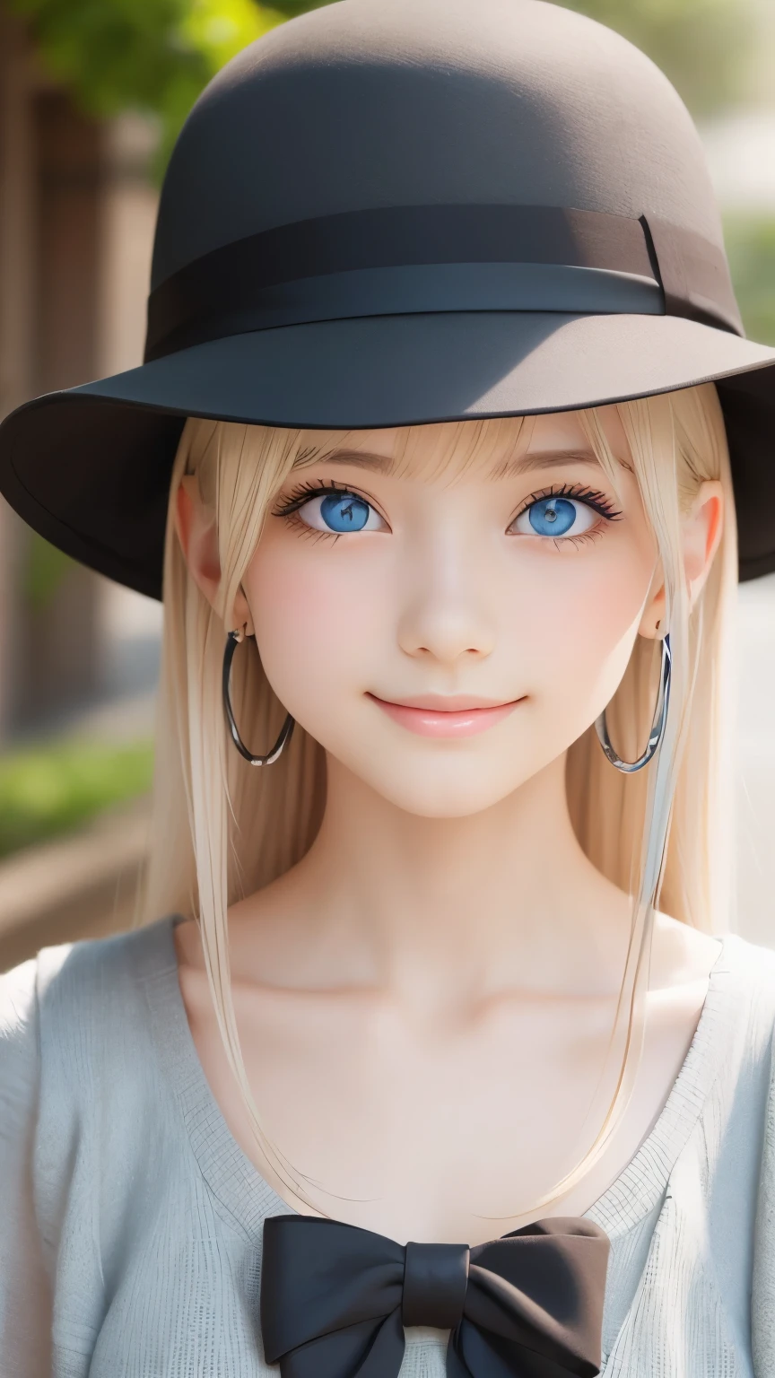 detailed face, cute face, master piece , best quality , woman , bowler hat , bangs , smile , outdoor, Shiny platinum blonde silky hair, side locks, beautiful shiny bangs, big clear sky blue eyes, very beautiful light eye highlights,  earrings
