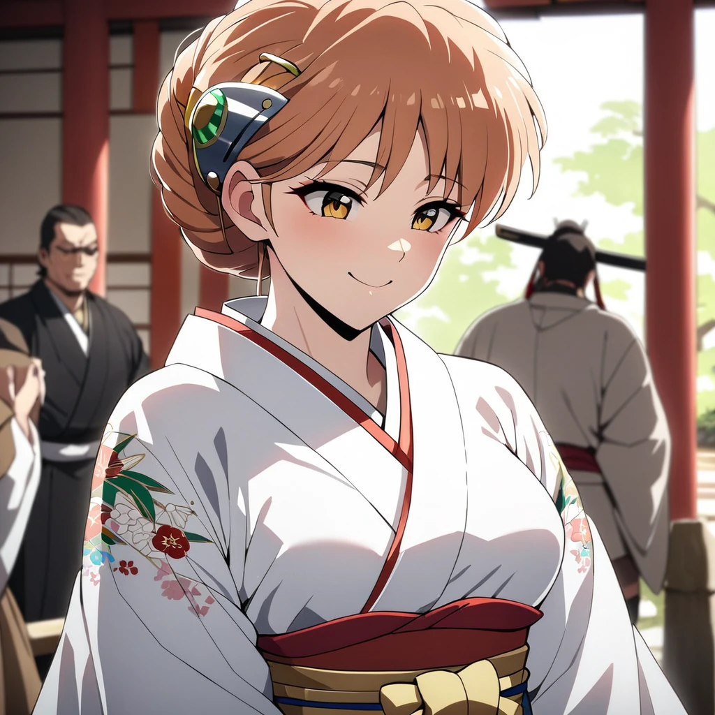 ((highest quality)), ((masterpiece)), (detailed), (Perfect Face)、(The woman is Princess Leona, with long light brown hair and a happy smile, and is getting married to a samurai lord at a gorgeous shrine.、The woman is wearing a gorgeous embroidered Japanese kimono and has her hair in a bunkin takashimada style with a gorgeous hairpin.)