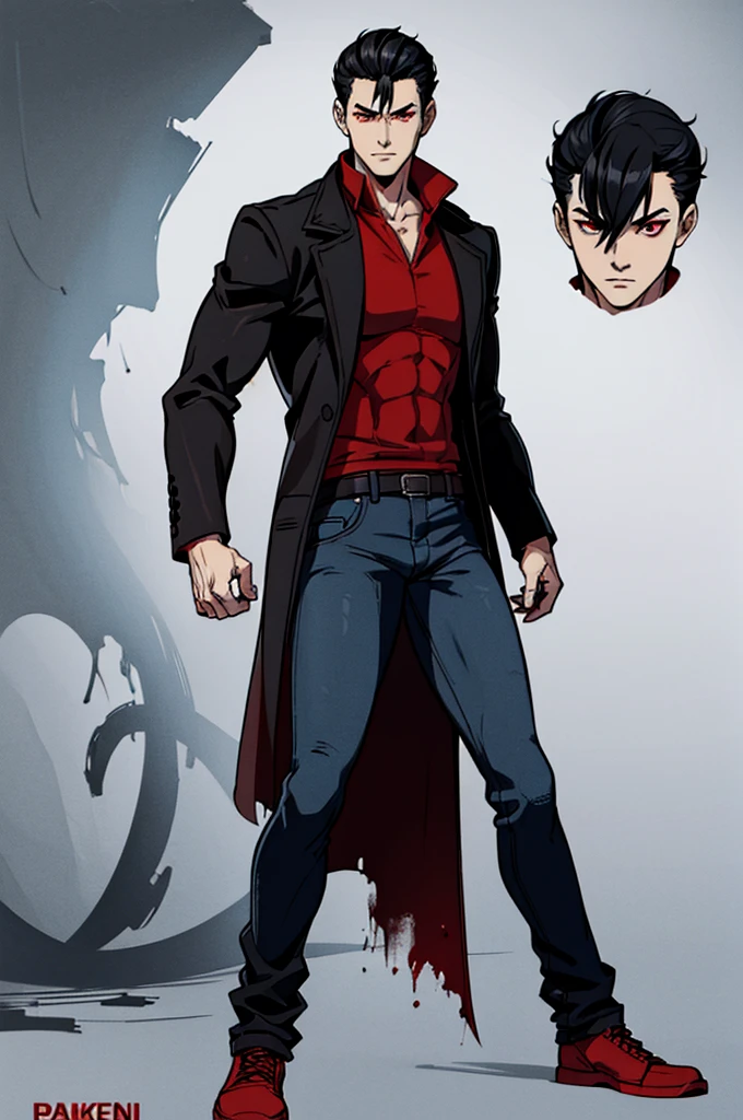 ANIME character man, full body, standing, slim, short black hair combed back, ((design sketches)), (Artwork), extremely detailed, (original design reserved), (random poses), LEADER , (clothes, black overcoat, red shirt, jeans, high-top shoes), (face red eyes) professionally retouched, white background, (male: 1.1) Martial arts, Parkour (tail Jeans r: 0.8), (dirty: 1.1 ), (movement: 0.8), (young: 1.3), (run: 0.6) (silent hill concept) (resident evil concept)
