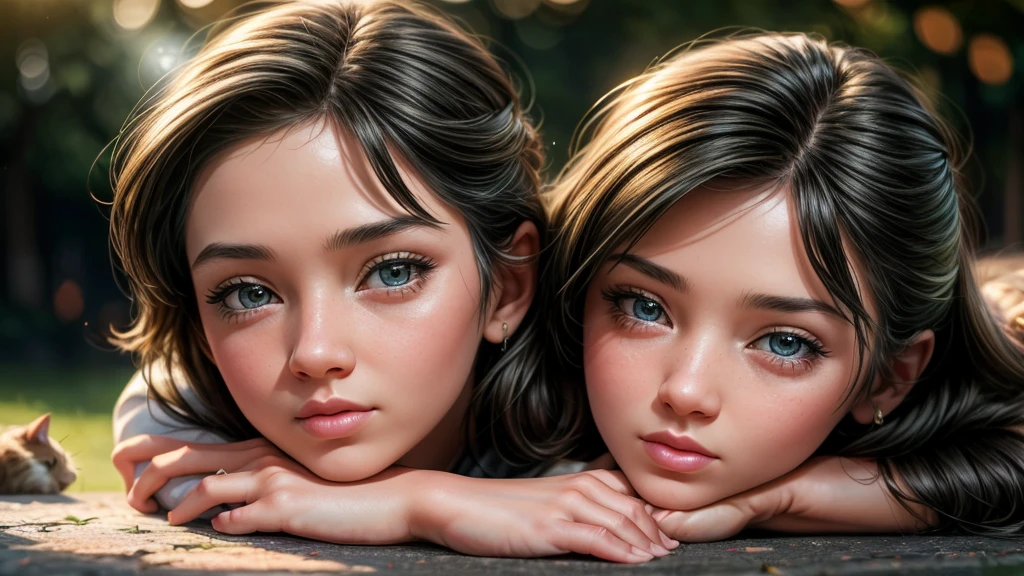 Two teenage Scandinavian girls sitting in the grass, one rests her head on the other girl's shoulder
