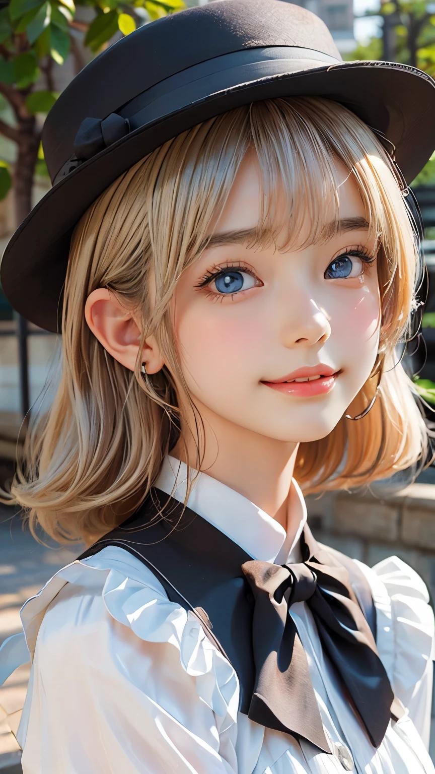 detailed face, cute face, master piece , best quality , woman , bowler hat , bangs , smile , outdoor, Shiny platinum blonde silky hair, side locks, beautiful shiny bangs, big clear sky blue eyes, very beautiful light eye highlights, earrings