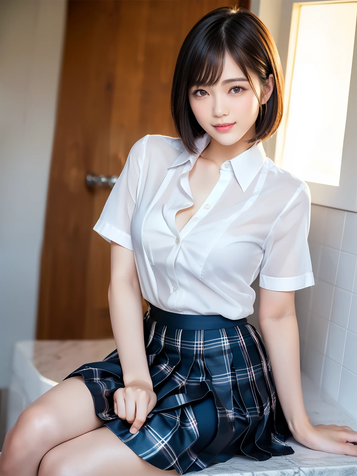 (Highest quality: 1.5), (Realistic: 1.5), (1 person: 1.5), Highly detailed, High resolution, 8k, slightly saggy medium breasts, Natural colored lips, Cute smile, Japanese woman, 20 year old girl, beautiful and graceful features, perfect and beautiful face, balanced big eyes, brunette eyes, beautiful and graceful features, natural double eyelids, natural bangs, beautiful thin nose, beautiful skin, medium bob hair , natural bangs , perfect and beautiful face, slim face and figure, blue summer sky, socks, (looking at the camera with a sweet smile), bright lighting, professional lighting, forward lighting, beautiful legs: 1.2, smooth skin, slender body, slim waistline, slim thin thighs, cleavage, detailed clothes, (short sleeve formal shirt:1.5), (Pleated skirt:1.5), plaid pleated micro mini skirt, short sleeve dress shirt, (unbuttoned shirt to show cleavage), Beautiful breasts, beautiful cleavage, (bra visible through white shirt), (see-through shirt),  bathroom, shower room, sit、