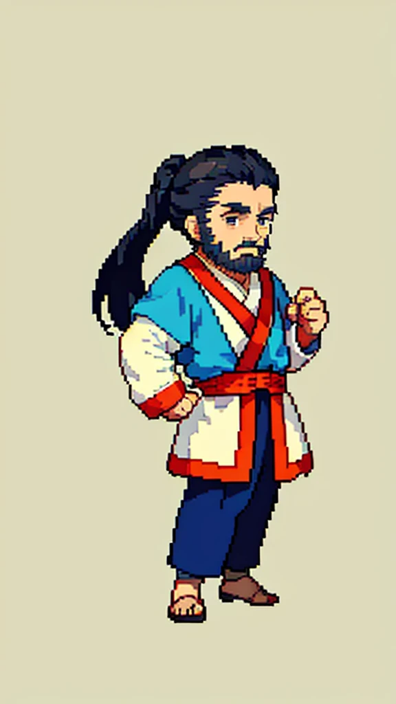 Old man in ancient Chinese costume、Wise Old Man、Looking into the camera、His hair is tied in a bun、Only one topknot、Long sleeve、Hanfu、Black Hair、Stand and pose、Pixel art、(masterpiece, highest quality, highest quality), pixel,pixel art,whole body,Characters in Romance of the Three Kingdoms、Transform、(beard)、Short Deformation、Old man with long beard