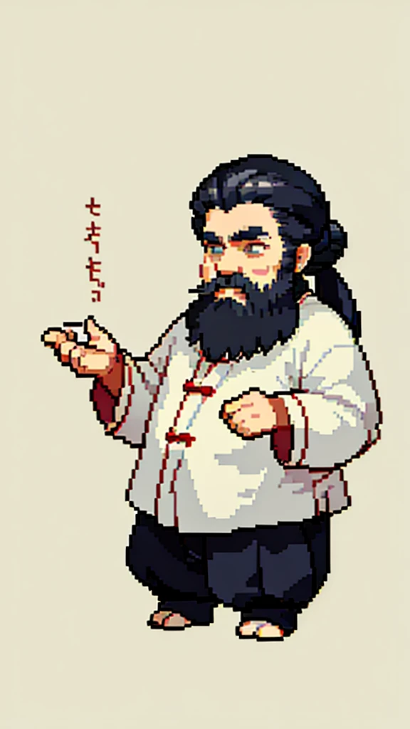 Old man in ancient Chinese costume、Wise Old Man、Looking into the camera、His hair is tied in a bun、Only one topknot、Long sleeve、Hanfu、Black Hair、Stand and pose、Pixel art、(masterpiece, highest quality, highest quality), pixel,pixel art,whole body,Characters in Romance of the Three Kingdoms、Transform、(beard)、Short Deformation、Old man with long beard