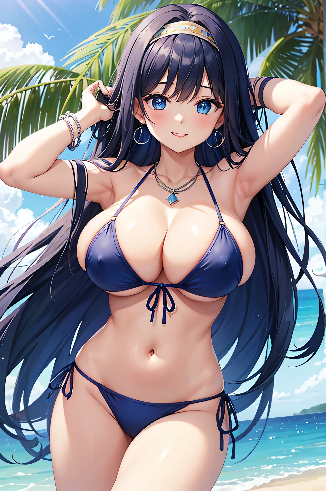 highest quality、highest quality、masterpiece、beautiful girl、Navy blue long hair、blue eyes、Navy Blue Bikini、Big cleavage、(Big Breasts),smile、blue necklace、Blue Earrings、background(Beach)、Please open your mouth wide、White headband、bracelet、Raise your arms and fold your hands behind your head,Raise both elbows all the way up above your head