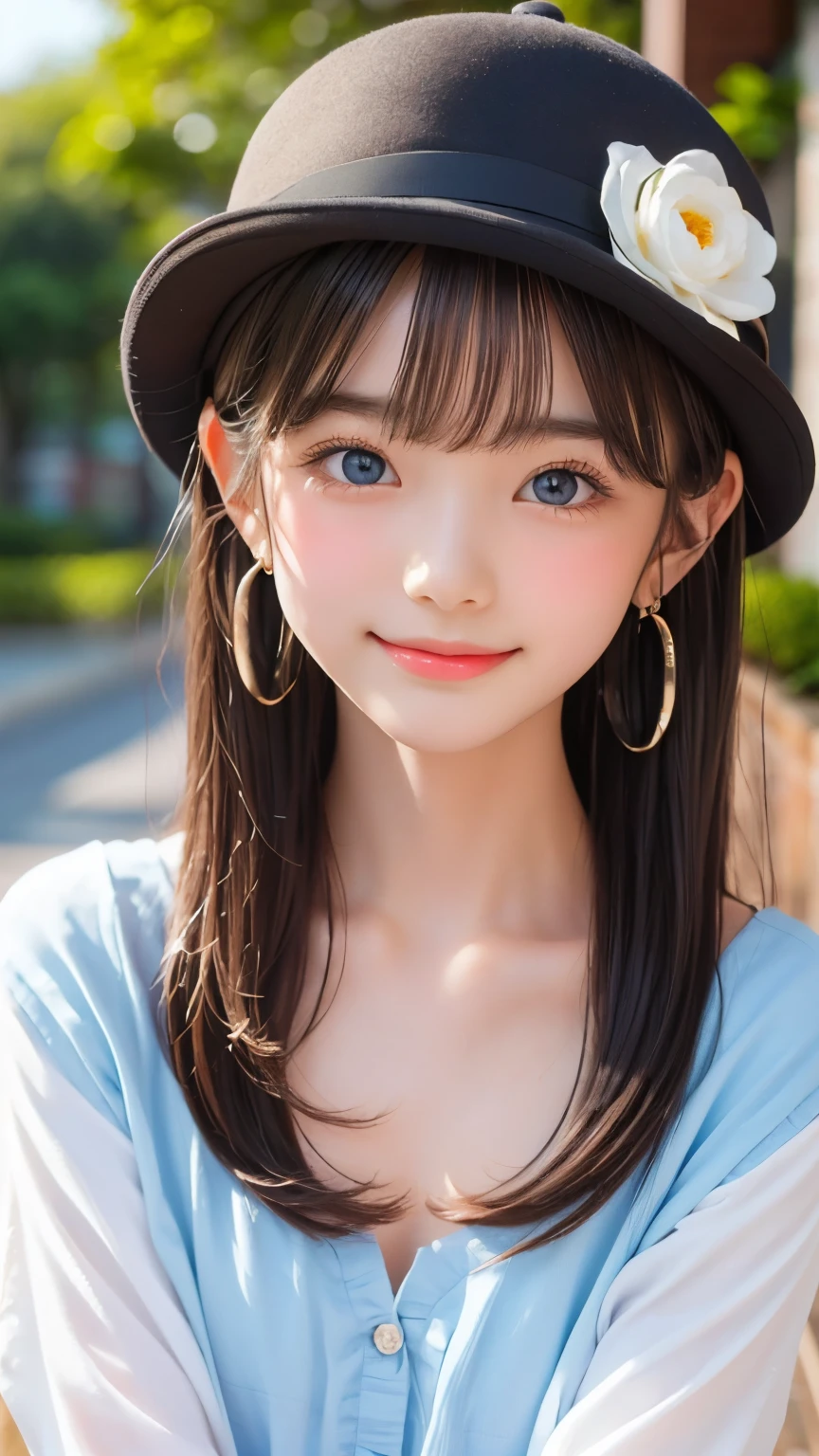 detailed face, cute face, master piece , best quality , woman , bowler hat , bangs , smile , outdoor, Shiny platinum blonde silky hair, side locks, beautiful shiny bangs, big clear sky blue eyes, very beautiful light eye highlights,  earrings

