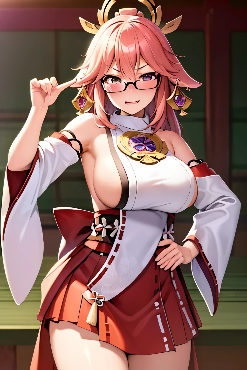 (masterpiece, best quality, ultra detailed, hyper realistic, photo),delicate pattern, detailed background, uncensored completely,
1yae miko, cowboy shot, japanese girl, class room,
, loose collar, skirt, looking over eyewear,
hair between eyes,
put up index finger and one hand on hip, angry with puffed cheeks,
from above, leaning forward,