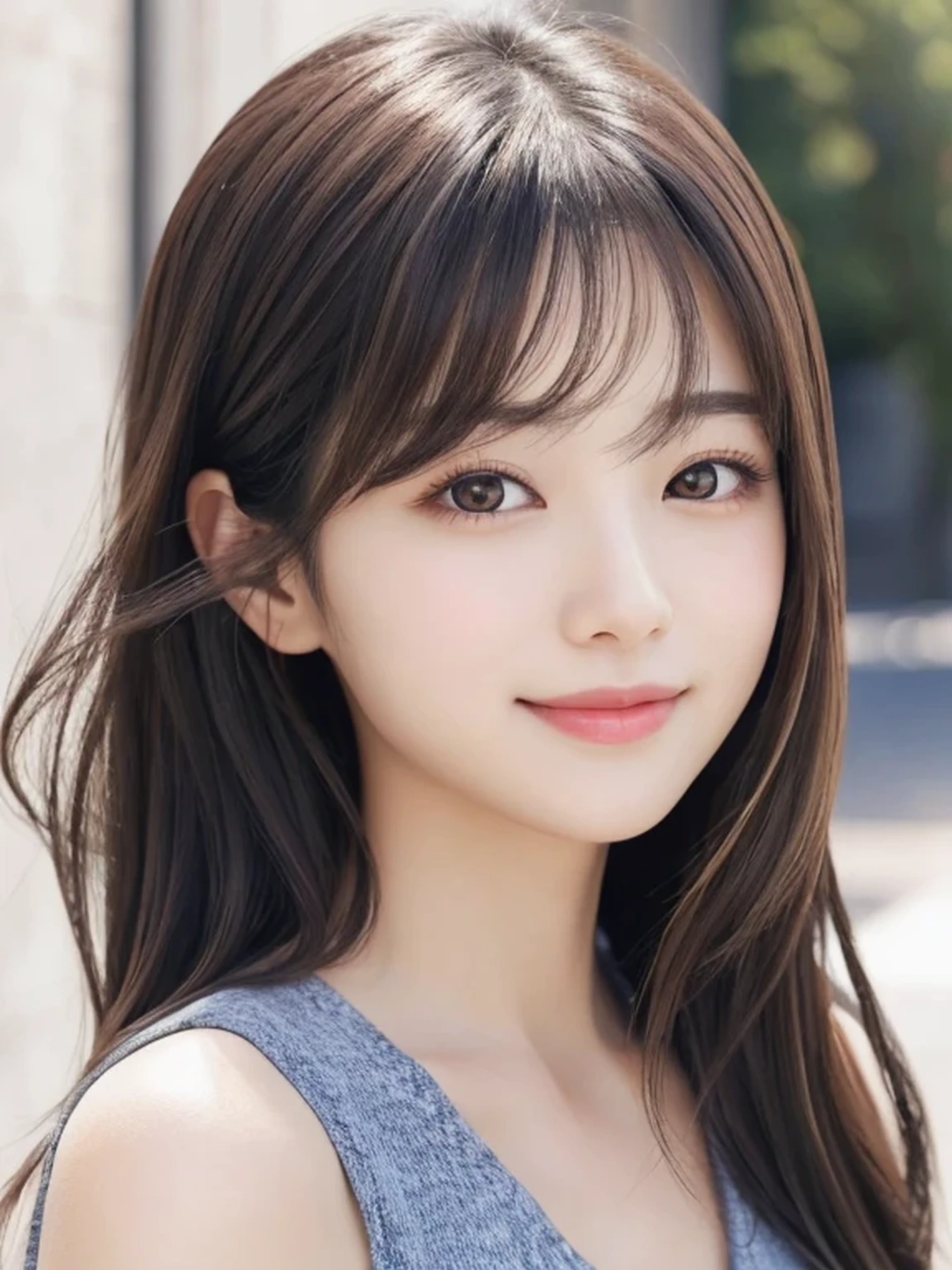 Beautiful Japanese Woman, Soft skin and a nice perfect face, A small face with a nose and rosy lips, Beautiful Eyes, Beautiful smile. black, Surrounded by a bright, ethereal glow、Thin, long, beautiful hair. A loose, short hairstyle with gradation highlights and layers of greyish beige, Navy skirt, Hyperrealistic female photos, High quality high resolution 8K masterpiece