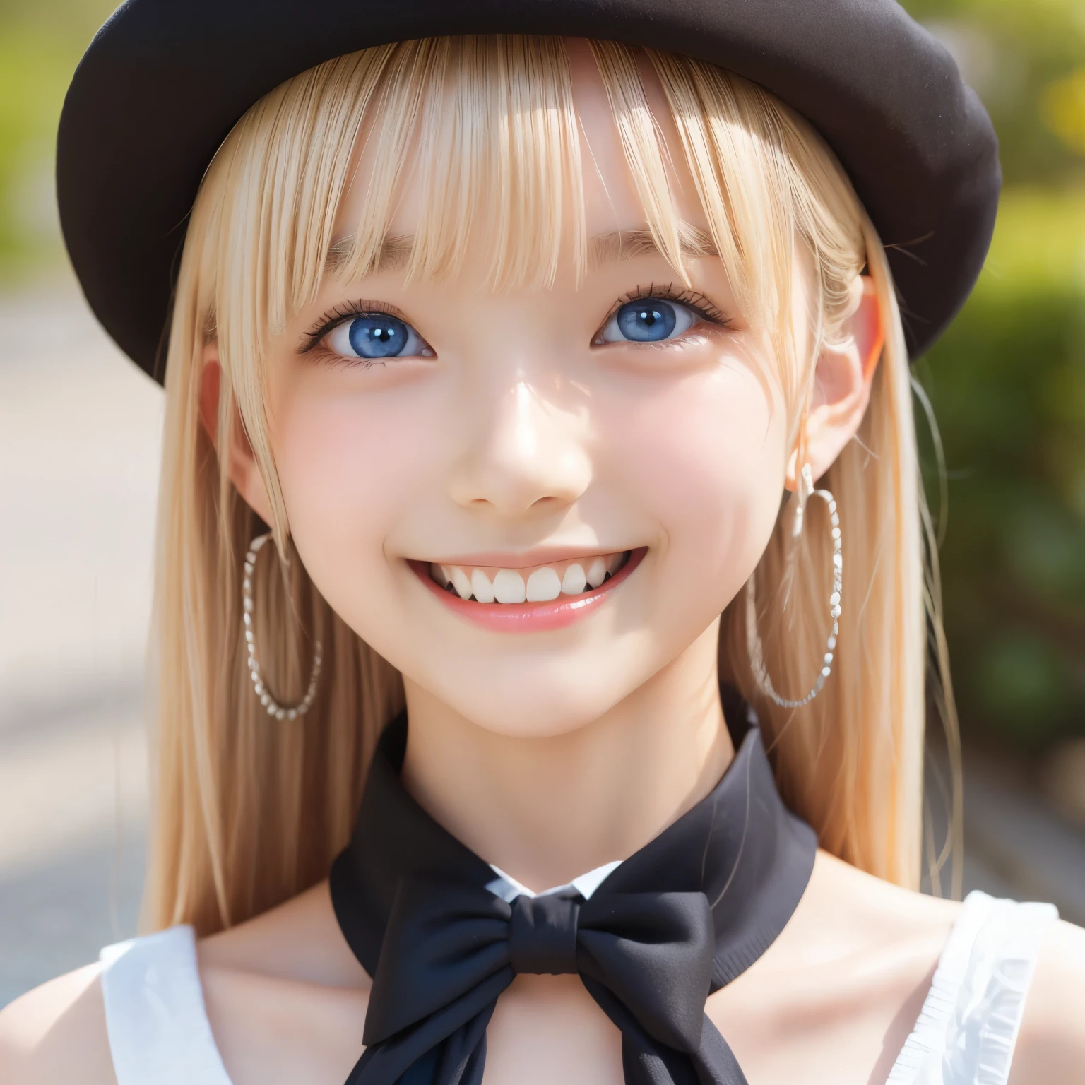 detailed face, cute face, master piece , best quality , woman , bowler hat , bangs , smile , outdoor, Shiny platinum blonde silky hair, side locks, beautiful shiny bangs, big clear sky blue eyes, very beautiful light eye highlights, earrings