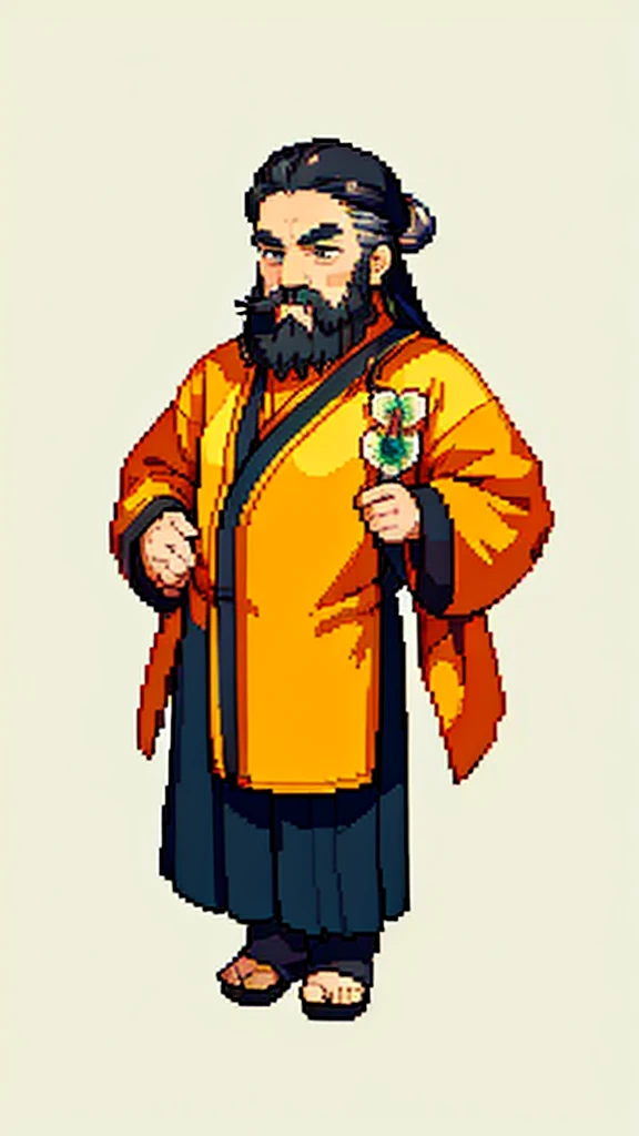 Old man in ancient Chinese costume、Wise Old Man、Looking into the camera、His hair is tied in a bun、Only one topknot、Long sleeve、Hanfu、Black Hair、Stand and pose、Pixel art、(masterpiece, highest quality, highest quality), pixel,pixel art,whole body,Characters in Romance of the Three Kingdoms、Transform、(beard)、Short Deformation、Old man with long beard