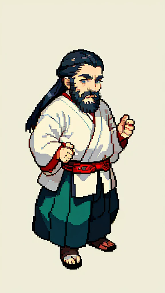 Old man in ancient Chinese costume、Wise Old Man、Looking into the camera、His hair is tied in a bun、Only one topknot、Long sleeve、Hanfu、Black Hair、Stand and pose、Pixel art、(masterpiece, highest quality, highest quality), pixel,pixel art,whole body,Characters in Romance of the Three Kingdoms、Transform、(beard)、Short Deformation、Old man with long beard