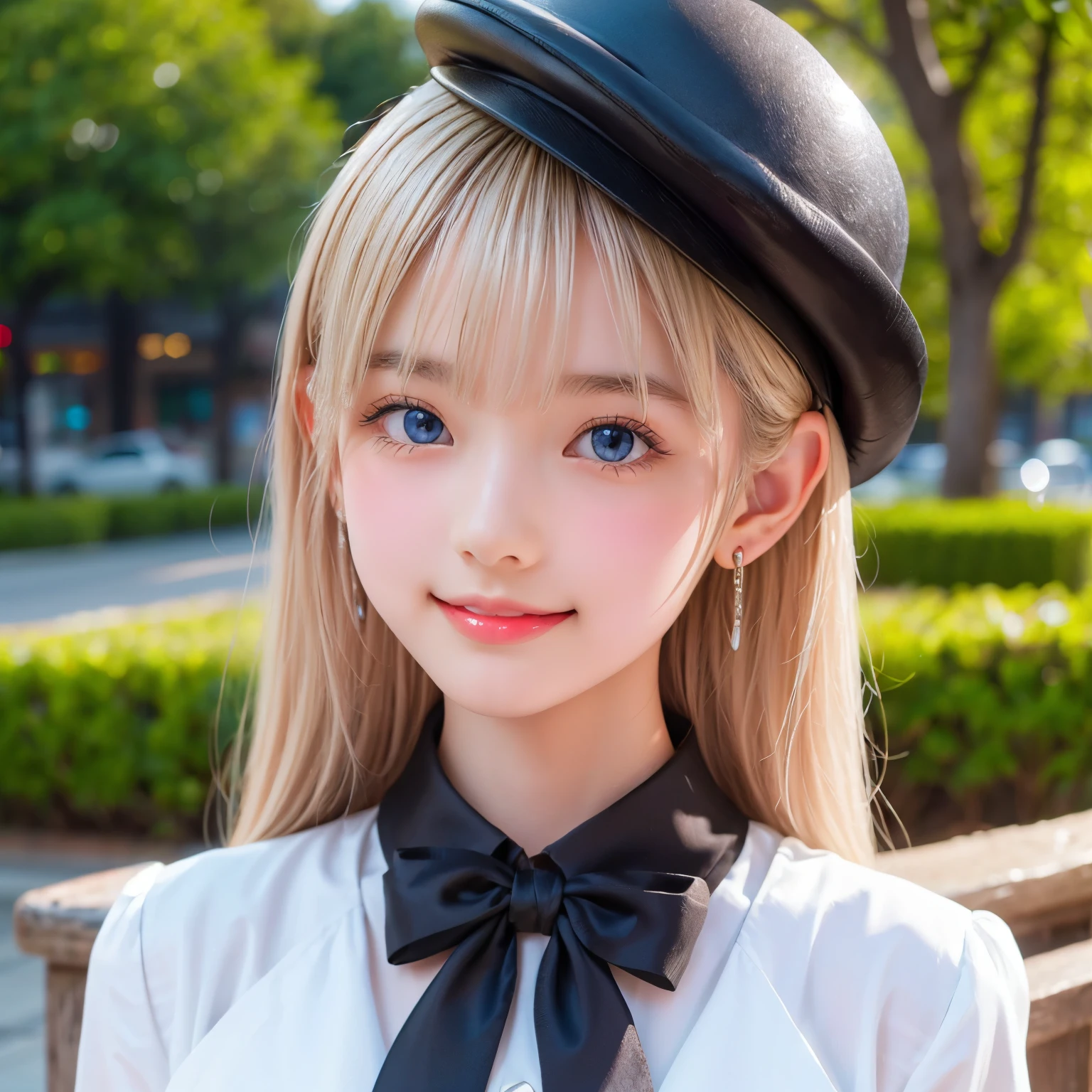 detailed face, cute face, master piece , best quality , woman , bowler hat , bangs , smile , outdoor, Shiny platinum blonde silky hair, side locks, beautiful shiny bangs, big clear sky blue eyes, very beautiful light eye highlights,  earrings
