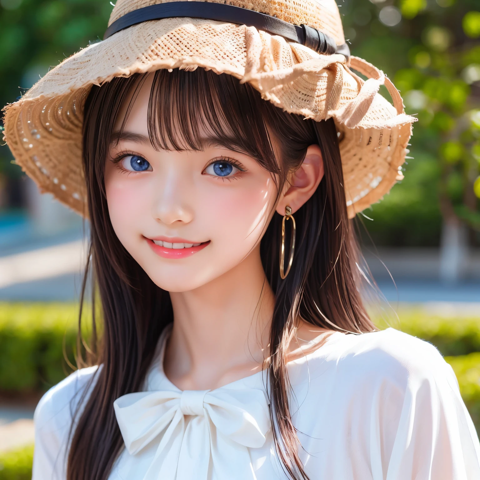 detailed face, cute face, master piece , best quality , woman , bowler hat , bangs , smile , outdoor, Shiny platinum blonde silky hair, side locks, beautiful shiny bangs, big clear sky blue eyes, very beautiful light eye highlights, earrings