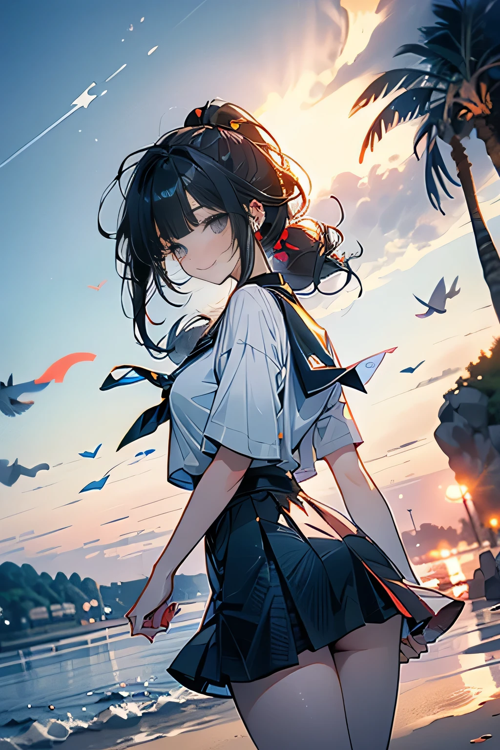 (low angle,from below),((masterpiece, highest resolution,best quality)), (beautiful illustration), ((semi long beautiful black hair,blunt bangs,pony tail,beautiful eyes)),(solo),(Japanese high ,sailor,mini skirt),(looking at the viewer), (walking on the beach),(innocent cute smile), (cinematic lighting),beach, sand, blue sky, waves, coconut tree,fish,boat,sea gull,