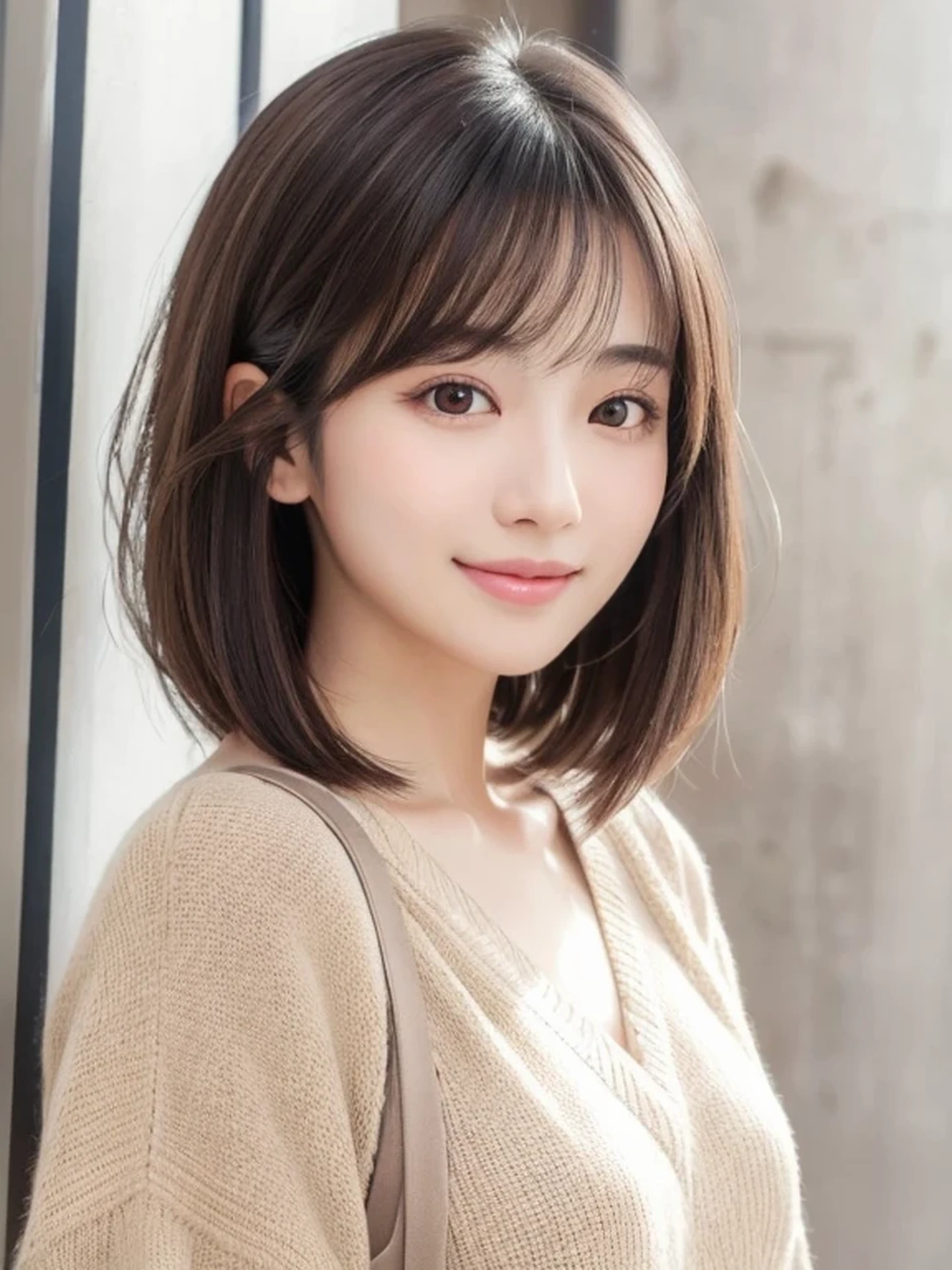 Beautiful Japanese Woman, Soft skin and a nice perfect face, A small face with a nose and rosy lips, Beautiful Eyes, Beautiful smile. black, Surrounded by a bright, ethereal glow、Thin, long, beautiful hair. A loose, short hairstyle with gradation highlights and layers of greyish beige, Navy skirt, Hyperrealistic female photos, High quality high resolution 8K masterpiece