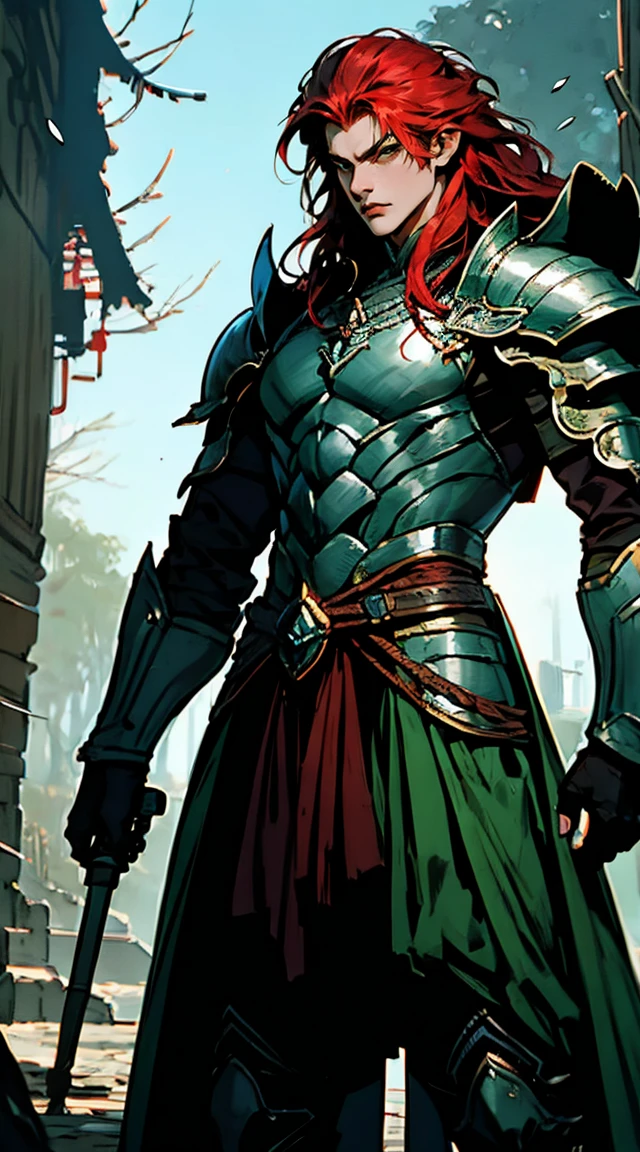 Obra de arte, melhor qualidade, 1 homem, adulto, foco masculino, sozinho, red hair, cabelo longo, olhos verdes vibrantes, heavy armor, pele escura, boca fechada, Fantasy aesthetic, altamente detalhado, estilo shadowverso, armadura do cavaleiro elfo, orelha de elfo, Sem decote, sem mamilos. Segurando alabarda chinesa, andando, Escrita, Deitado, standing, Nas suas costas, brigando, dynamic poses. Prepare-se para mergulhar em um mundo onde a beleza e o artesanato se fundem perfeitamente