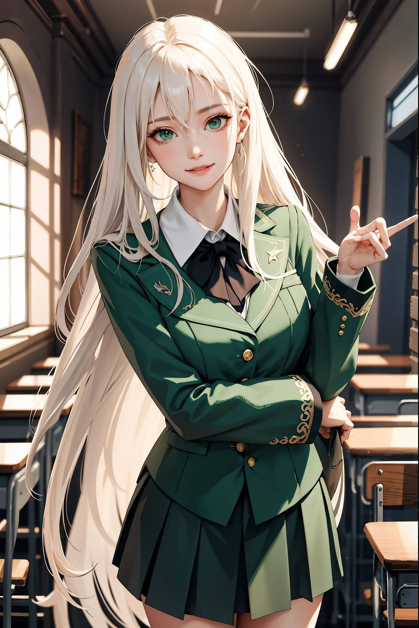 (masterpiece:1.2, best quality), (real picture, intricate details), 1lady, solo, upper body, showing legs, standing up, showing leg, school, school settings, long hair, minimal makeup, detailed face, smiling, really long platinum blonde hair, bangs, hair between eyes, green eyes, big plump breasts, big breasts, big ass, SFW, clothes, Slytherin, Slytherin clothes, Hogwarts, Hogwarts clothing, (school classroom), (face closeup), (standing up)
