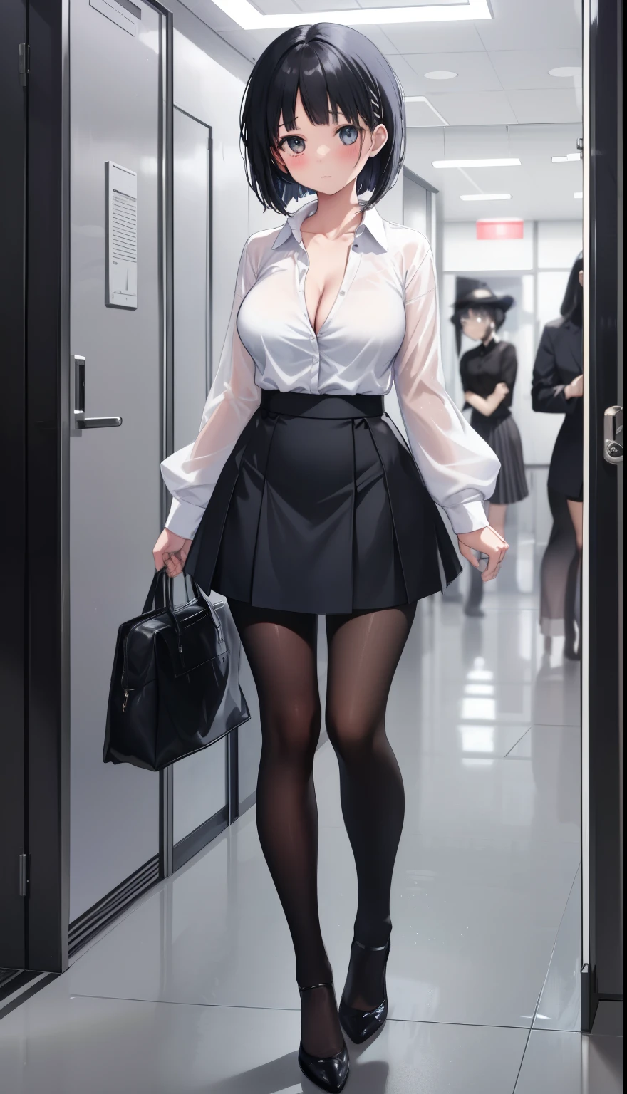 One Girl、positive、Standing posture、Full body portrait、Black Hair、Medium Haircut、blush、Absolute area、Black knee-high socks、Knee-length、stockings、Black Pantyhose、White underwear、Light blue shirt、Blue-gray business suit、Dark blue tight mini skirt、Japanese office lady、Summer clothes、nightの歓楽街、night、（Very large breasts）、Cleavage、open chest shirt、((Lesbians around the world))、masterpiece、（highest quality）、
Panties around the ankles、Black high heels、Shirt buttons fly off、Unbutton your shirt、Exposing the breasts、Bare your breasts、Soft 