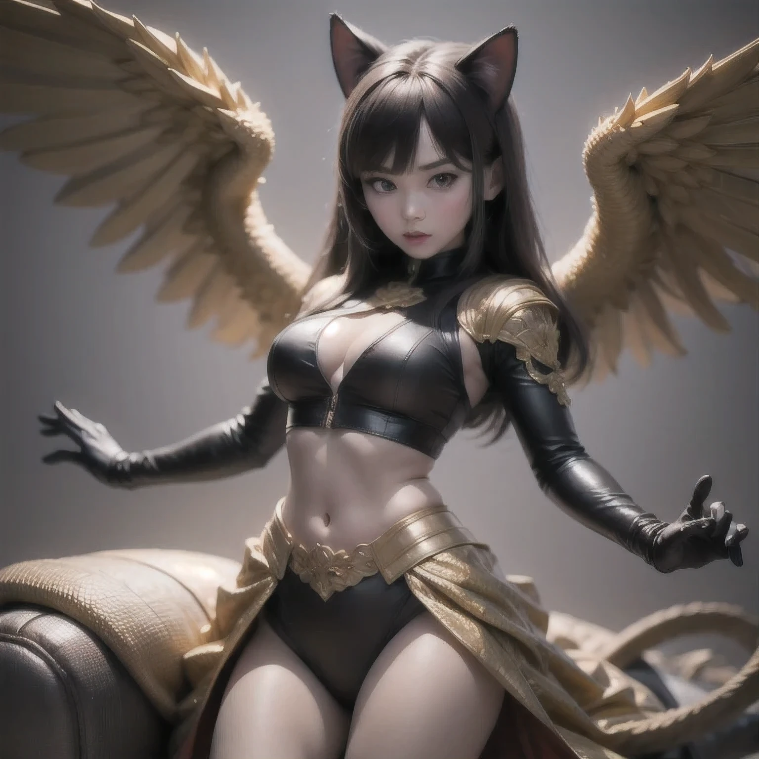 arafed girl in a 紫粉色 and gold outfit with wings, 8 k artgerm bokeh, by ruan jia and stanley artgerm, ruan jia and artgerm, young wan angel, artgerm and ruan jia, cinematic goddess body shot, ig model | artgerm, wlop and artgerm(masterpiece, best quality:1.2), 1girl, solo((Girl with cat))
