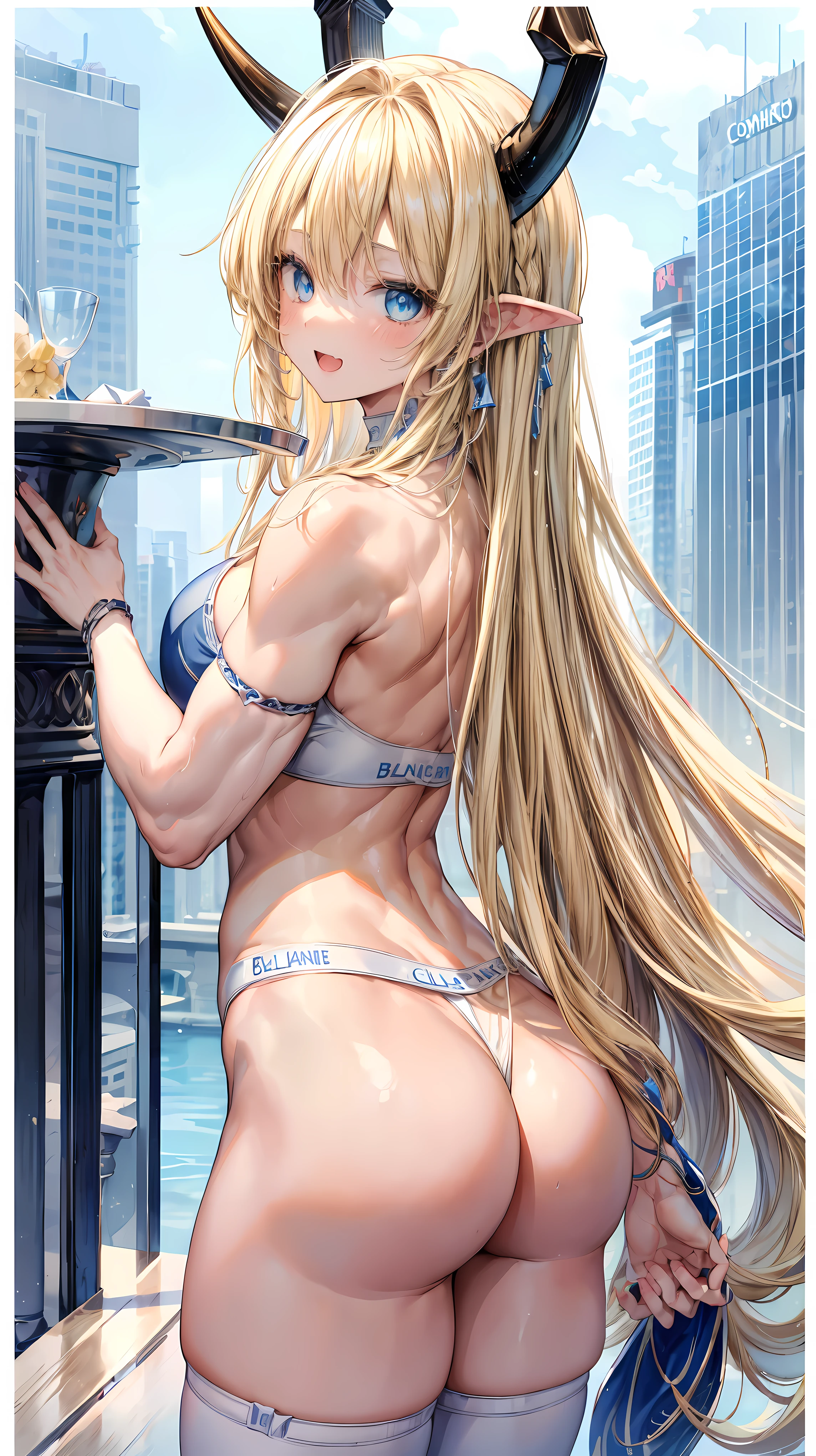 Very detailed、highest quality、Best image quality、masterpiece、8k、Sparkling Blue Eyes、Anime Face、A kind smile、Open Mouth、(Blonde long hair:1.5)、(SFW Giant)、Rear View、Cowboy Shot、(White Thong:1.5)、(Muscles of the whole body)、Horn、ckundies