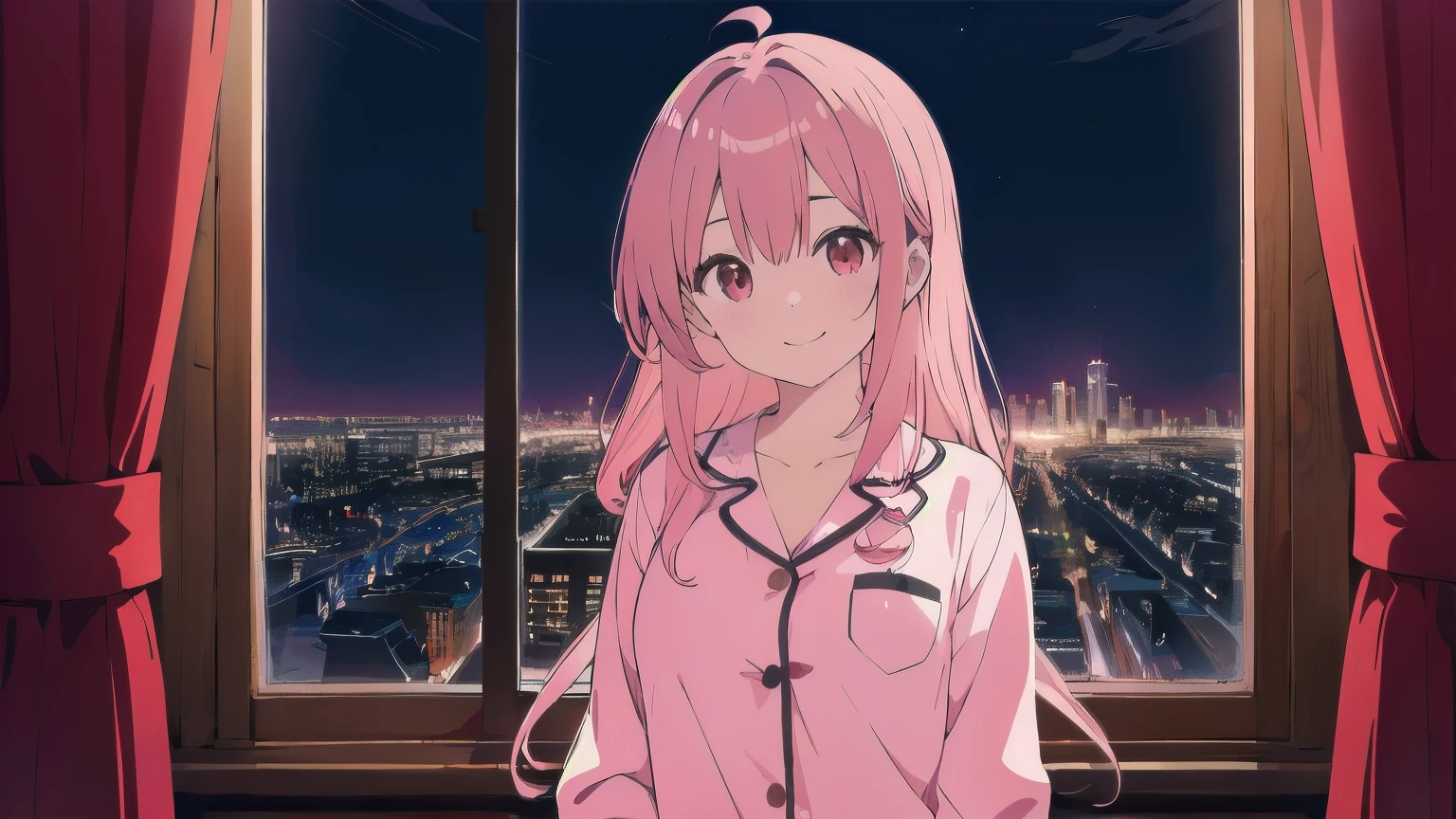 Very detailed, Detailed Background, (highest quality, masterpiece, High resolution), One girl, smile, Mid-chest, Pink Hair, Upper Body, pajamas, long hair、 (night:1.4)、Typical girl's room, Dimly lit room, Co-sleeping style,
