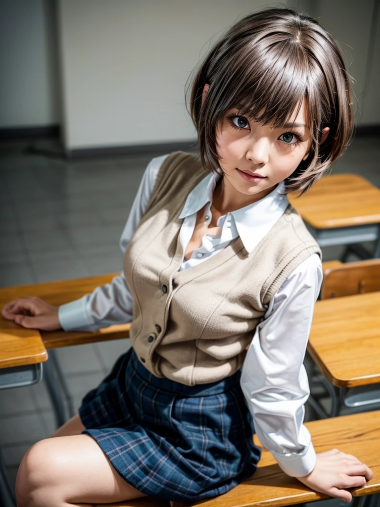 Masterpiece, Top Quality, Top Mikoto, brown eyes, short hair, small breasts, looking at viewer, alone, closed mouth, collared shirt, beige knit vest, dark blue  Skirt, school_uniform, shirt, white_shirt, classroom,Masterpiece, highest quality, 8K, detailed skin texture, fine cloth texture, beautiful detailed face, intricate details, super detailed,cute,cute posing,composition that shows the whole body,