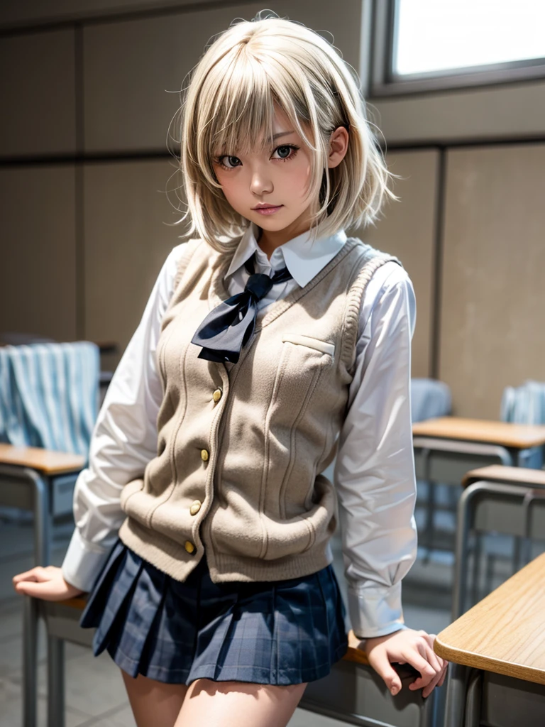 Masterpiece, Top Quality, Top Mikoto, brown eyes, short hair, small breasts, looking at viewer, alone, closed mouth, collared shirt, beige knit vest, dark blue Skirt, school_uniform, shirt, white_shirt, classroom,Masterpiece, highest quality, 8K, detailed skin texture, fine cloth texture, beautiful detailed face, intricate details, super detailed,cute,cute posing,composition that shows the whole body,