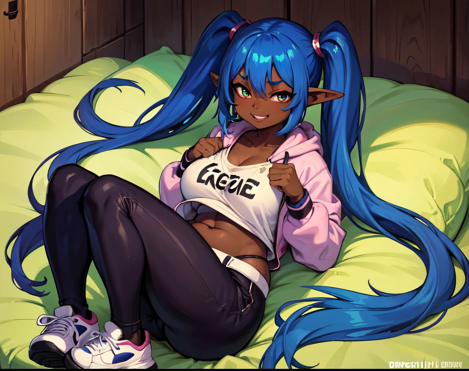 goblin girl, blue hair, very long hair, dark_ skin, dark skin goblin, wide body, very dark skin girl, busty, hair between eyes, twintails, chubby, chubby girl, chubby girl goblin, wide hips, blue eyes, mole, mole on chest, age up, lips, big lips, thick eyebrows, body with fur, tusk, short girl, short goblin girl twintails, short girl, highly detailed, high quality, best quality, 8k, full body, fat, fat girl, fat goblin, smile, casual clothes, pants, sneakers, neckline, waving, lying down, sexy girl, Hoodie