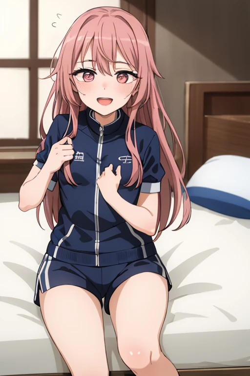 ((Highest quality)), ((masterpiece)), (be familiar with), Perfect Face, indoor, Bedroom, Watching the audience,
One woman, Kiruko,
Open Mouth, Ecstatic expression, blush, smile,
Small breasts, Flat Chest, Young Girl, Lori, , Girl,
Long Hair, Long Hair,
Gym suit, White short sleeves, Black shorts, Leg spread,