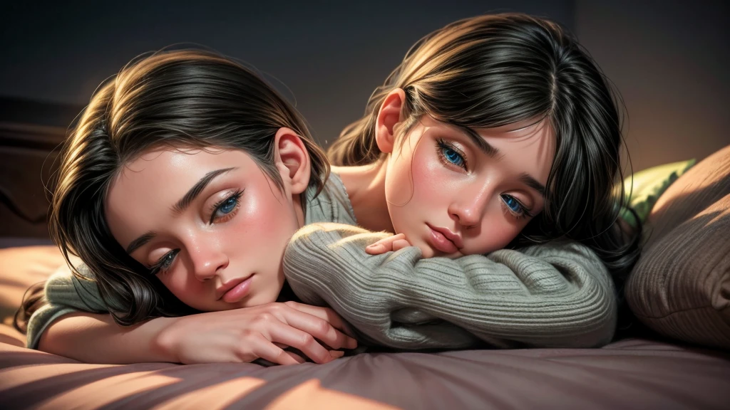 A sleeping girl cuddling with a cat, beautiful detailed eyes, beautiful detailed lips, extremely detailed eyes and face, long eyelashes, realistic, photorealistic, photo-realistic:1.37, best quality,4k,8k,highres,masterpiece:1.2,ultra-detailed,realistic, soft lighting, warm colors, peaceful, serene, tender moment, cozy, comfortable, relaxing, dreamlike, whimsical, magical realism, fantasy, cute, adorable, delicate, ethereal