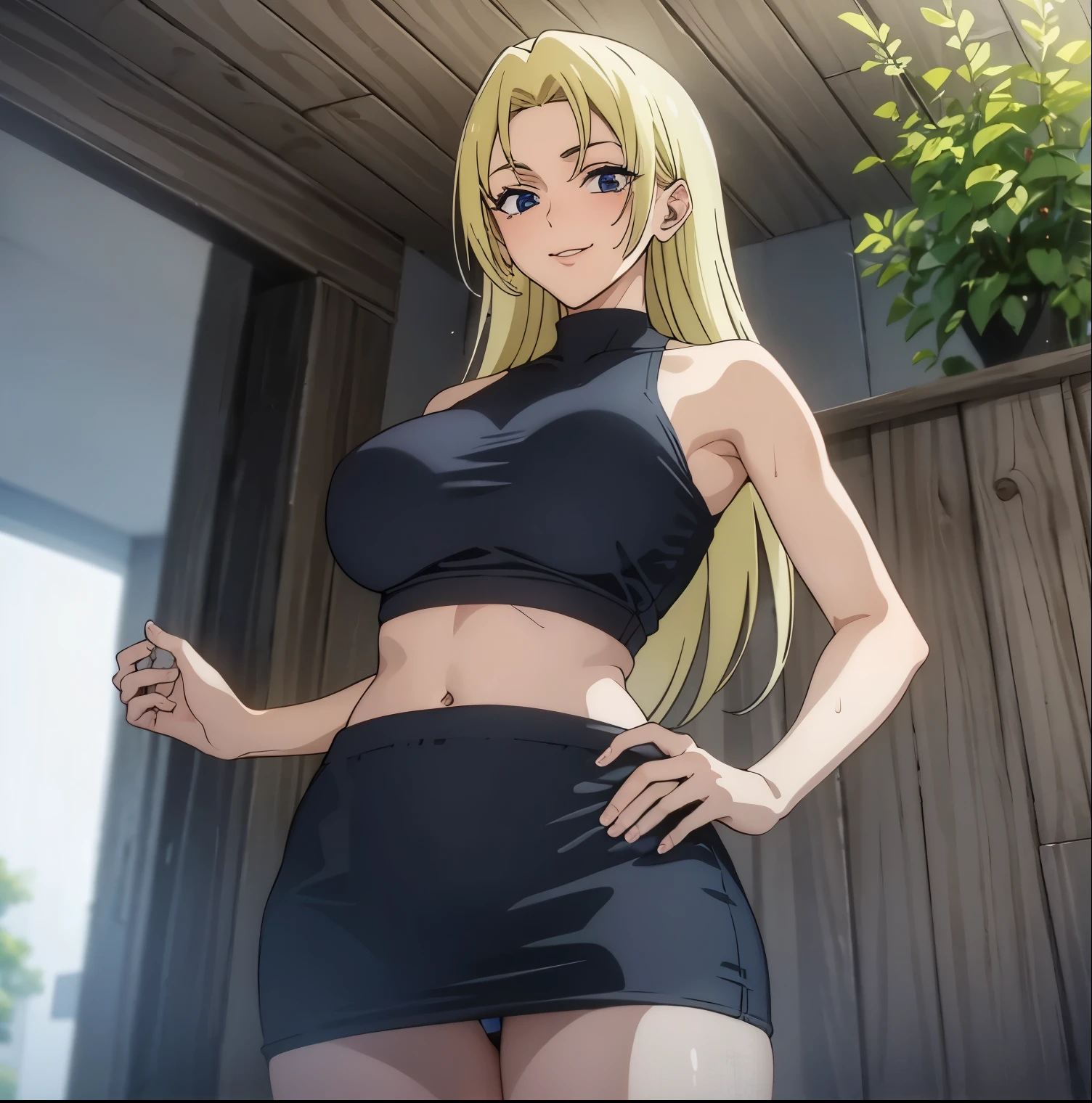 1 girl, alone, yuki tsukumo, ((best quality)), ((highly detailed)), masterpiece, detailed, large breasts, medium waist, wide hips, medium thighs, round butt, mature woman, blonde, long hair, female focus , sexy body,outdoor, onsen, towel, ,steam, bath, partial nude, partially submerged, water, hot spring, steam censor, wet towel, blushing, smiling, embarrassed, ,looking at viewer, from behind, point of view (from below), cowboy shot, smile, hand on hip, perfect hands, perfect anatomy