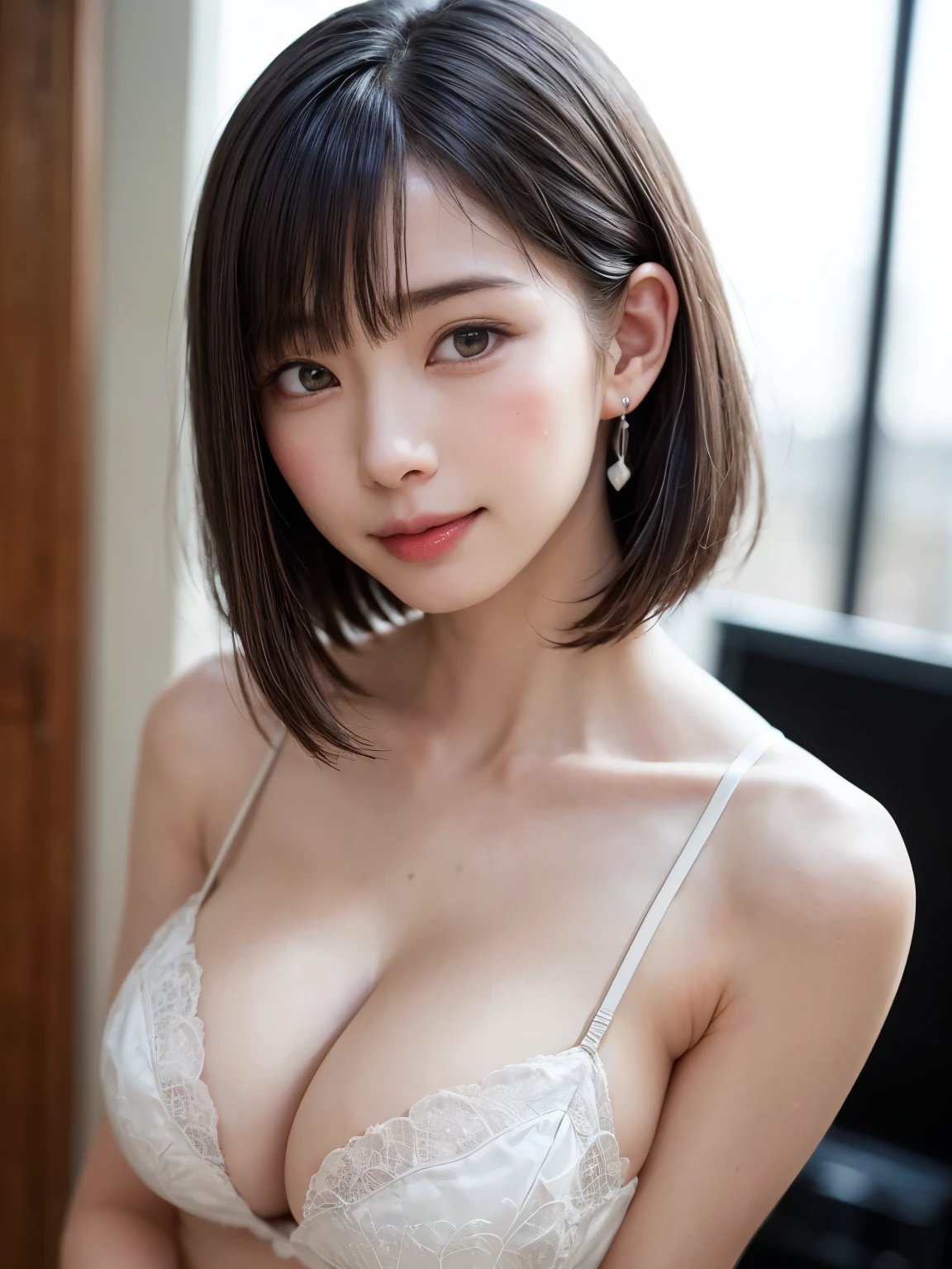 (software:1.8、masterpiece, highest quality),1 girl, alone, hyper Realistic, Realistic,Realistic, Looking at the audience, Light brown eyes:1.4,Brunette Short Bob Hair with highly detailed shiny hair, Brightly colored winter clothes, Lepangas:1.4), Outdoor, Mouth closed, Upper Body、big chest eye、eyelash、{Hugeな|big chest|Hugeなな|Mega} whole :2, chestの谷間:2、(((big chest eye、Short Bob Hair、Highlights from Students、Looking at the audience、She is very beautiful and cute、Show me your ears、Long neck、smile、Close your mouth and smile、Bangs and beautiful teeth)))、Ideal body type、（Nothing is drawn、Very beautiful pure white background:1.6）、美しいLong neck:1.4、(({Huge|big|Hugeな|Mega} chest, chestの谷間:2、Upper Bodyは服を着ていない:1.6))、(((Portraiture:2)))、Perfect Anatomy