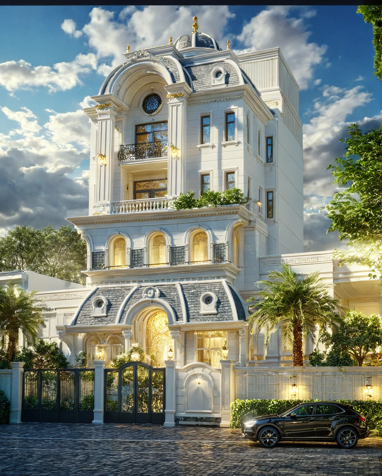 ,Masterpiece, Best quality,8K, Ultra-high resolution,Immediately surrounded by a rich atmosphere of luxury white-off ornaments。Whenever it is late afternoon,The afterglow from the window spilled on the floor,Soft light and shadow are reflected,It was as if entering a dreamland, Architectural style Architectural style, ((Classic Style House)),(masterpiece) , ((best quality)), dramatic lighting, high quality outdoors, sky, day, cloud, tree, blue sky, building, scenery, road, real world location, sunlight, enough detail, high resolution,super realistic, Photorealistic, highly detailed, balcony, door, car, truck, parking slot, paving, . Clean lines, architectural drawing, highly detailed , . Clean lines, geometric shapes, architectural drawing, highly detailed, (( round column : 1.3 )), round pillar..