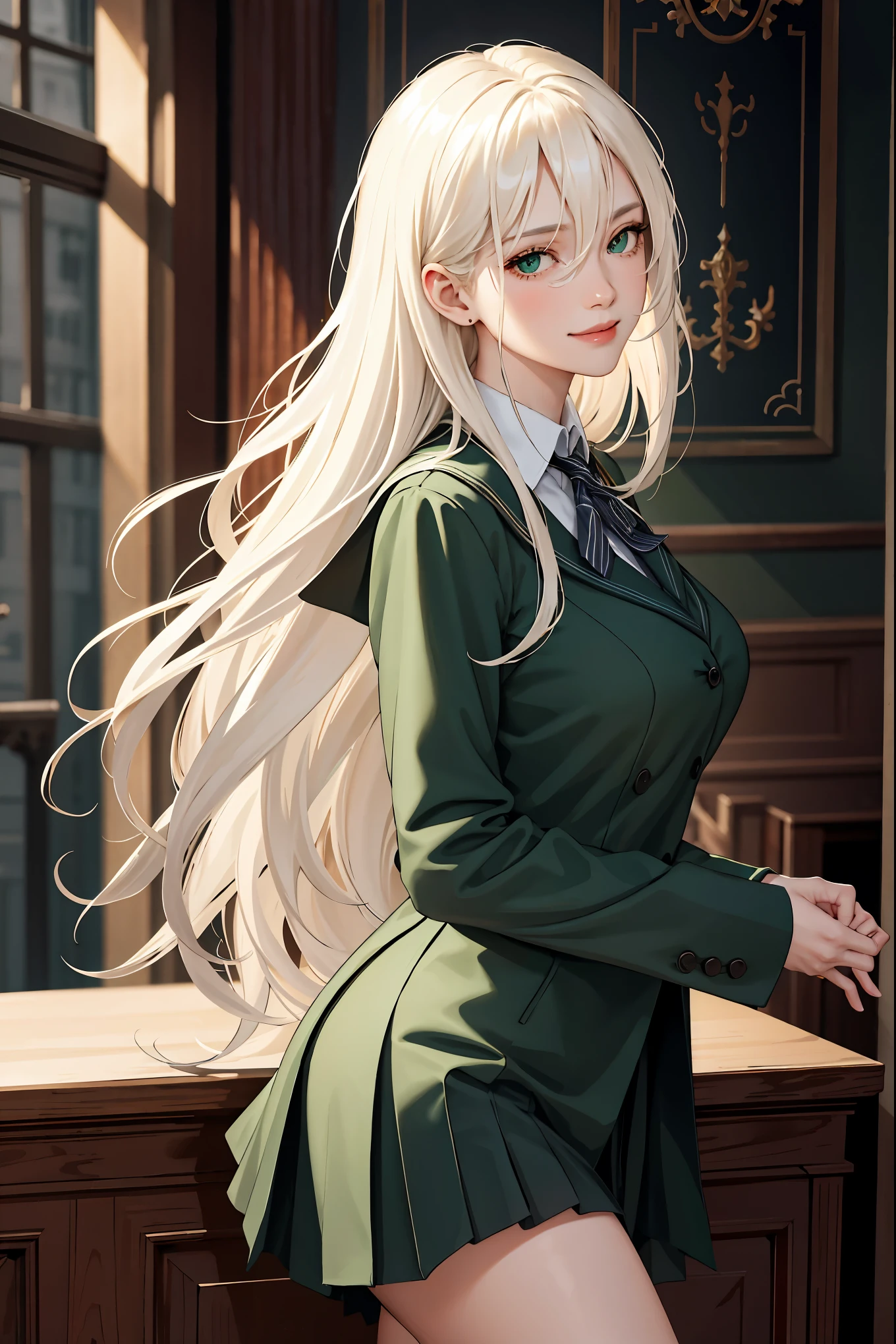 (masterpiece:1.2, best quality), (real picture, intricate details), 1lady, solo, upper body, showing legs, standing up, showing leg, school, school settings, long hair, minimal makeup, detailed face, smiling, really long platinum blonde hair, bangs, hair between eyes, green eyes, big plump breasts, big breasts, big ass, SFW, clothes, Slytherin, Slytherin clothes, Hogwarts, Hogwarts clothing, (school classroom), (face closeup), (standing up), (proper clothes), (proper uniform)