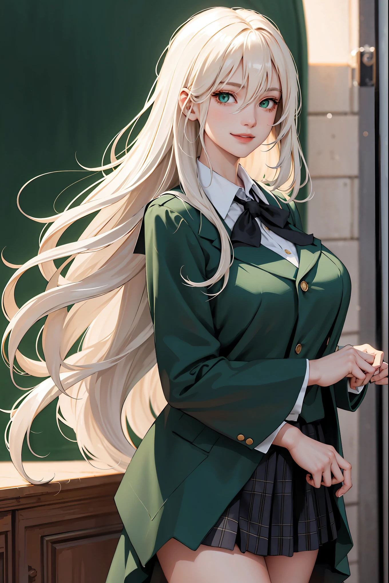 (masterpiece:1.2, best quality), (real picture, intricate details), 1lady, solo, upper body, showing legs, standing up, showing leg, school, school settings, long hair, minimal makeup, detailed face, smiling, really long platinum blonde hair, bangs, hair between eyes, green eyes, big plump breasts, big breasts, big ass, SFW, clothes, Slytherin, Slytherin clothes, Hogwarts, Hogwarts clothing, (school classroom), (face closeup), (standing up), (proper clothes), (proper uniform)