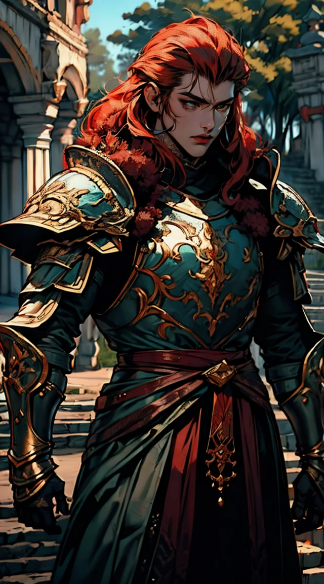 Obra de arte, melhor qualidade, 1 homem, adulto, foco masculino, sozinho, red hair, cabelo longo, olhos verdes vibrantes, heavy armor, male, cloak, pele escura, boca fechada, Fantasy aesthetic, altamente detalhado, estilo shadowverso, armadura do cavaleiro elfo, orelha de elfo, Sem decote, sem mamilos. Segurando alabarda chinesa, andando, Escrita, Deitado, standing, Nas suas costas, brigando, dynamic poses. Prepare-se para mergulhar em um mundo onde a beleza e o artesanato se fundem perfeitamente