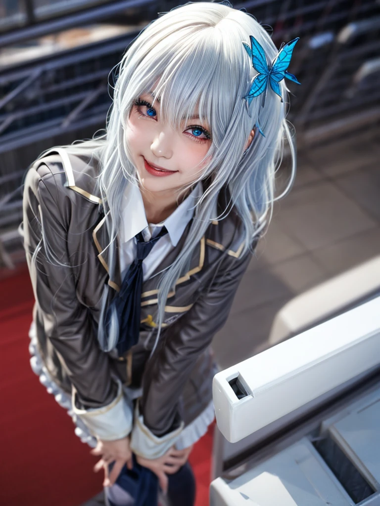 Masterpiece, highest quality, 8K, detailed skin texture, fine cloth texture, beautiful detailed face, intricate details, super detailed, portrait of Rei Ayanami, blue hair, red eyes, looking far away, no background, Evangelion Wearing a plug suit when riding, plug suit, whole body visible, standing, arms crossed, 15 years old, beautiful, cute, great style, smiling,composition that shows the whole body,