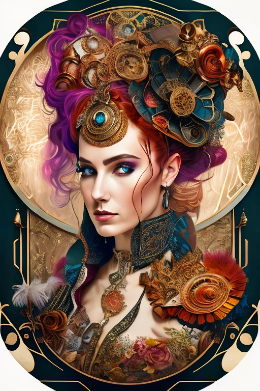 A captivating mixed media portrait of an elegant woman with auburn-hued locks, adorned with steampunk influences, illuminated in an abstract style. The image, painted with a palette that exudes warmth and depth, showcases intricate details that seamlessly blend various mediums. The woman peers intently toward the viewer, her gaze penetrating the depths of the piece. Her attire, a fusion of Victorian-era elegance and futuristic technology, exudes a sense of mystery and strength. This mesmerizing work of art, with its abstracted background and vibrant hues, presents a fantastical exploration of the Steampunk universe, skillfully painted on a