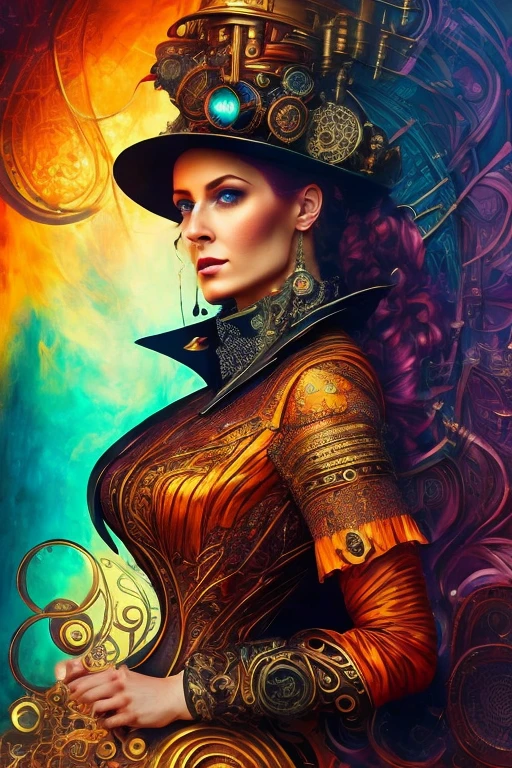 A captivating mixed media portrait of an elegant woman with auburn-hued locks, adorned with steampunk influences, illuminated in an abstract style. The image, painted with a palette that exudes warmth and depth, showcases intricate details that seamlessly blend various mediums. The woman peers intently toward the viewer, her gaze penetrating the depths of the piece. Her attire, a fusion of Victorian-era elegance and futuristic technology, exudes a sense of mystery and strength. This mesmerizing work of art, with its abstracted background and vibrant hues, presents a fantastical exploration of the Steampunk universe, skillfully painted on a