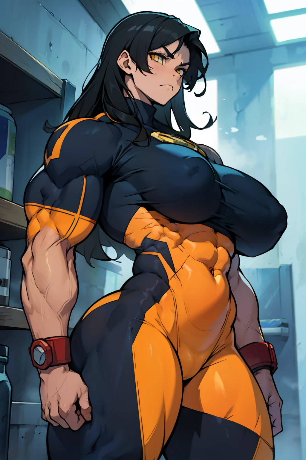 huge muscles huge breasts huge thighs pale skin black hair yellow eyes very long hair muscular girl sad frown expressionless skintight