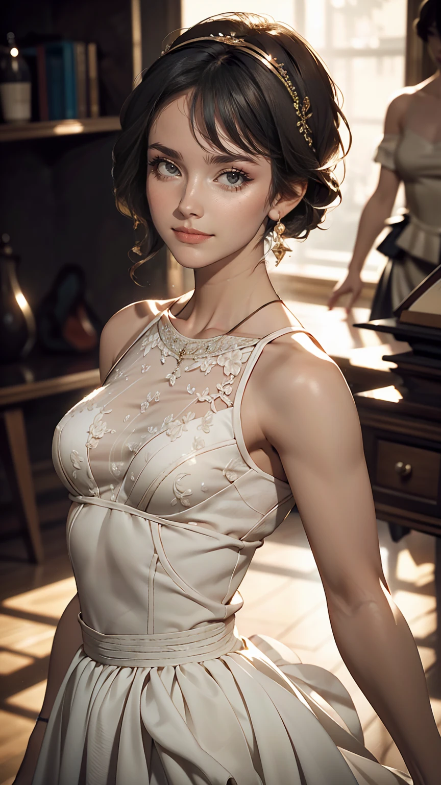 highest quality, masterpiece, (Realistic: 1.2), 1 girl, Slim Caucasian woman, Redhead, Brown eyes, front, Detailed face, Beautiful Eyes, Brown eyes, Big eyes, Small breasts, Cleavage, Long dress、Sexy body