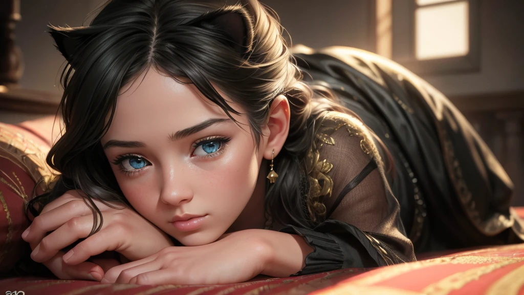 a sleeping girl, a cat jumping on the girl's head, detailed face, beautiful detailed eyes, beautiful detailed lips, extremely detailed eyes and face, long eyelashes, detailed fur, realistic feline anatomy, intricate texture, soft lighting, warm tones, cinematic composition, digital art, masterpiece, (best quality, 8k, highres, masterpiece:1.2), ultra-detailed, (realistic, photorealistic:1.37), HDR, studio lighting, physically-based rendering, extreme detail description, vivid colors, bokeh